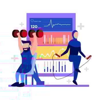 man and women workout with fitness app behind vector