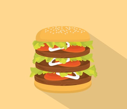 big hamburger with bun and tall patty and long shadow as background vector
