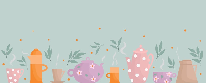 Baner with teapots and cups with decor. Tea set for the ceremony. vector