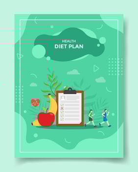 diet plan concept people jogging around clip board banana apple fruit vector