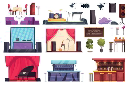 Flat Bar Live Music Interior Icon Set vector