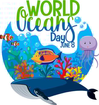 World Ocean Day banner with many different sea animals vector