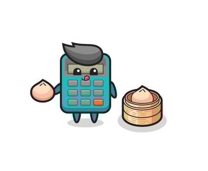 cute calculator character eating steamed buns vector