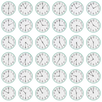 Many clocks show different time on the dials photo