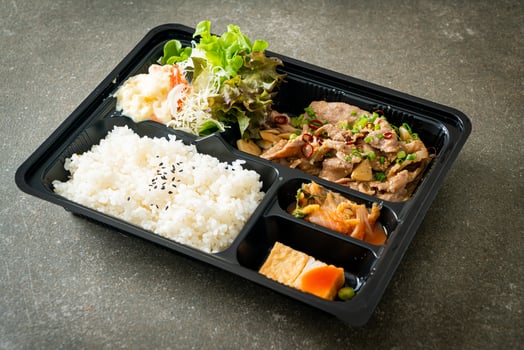 Japanese rice with pork yaki bento set photo