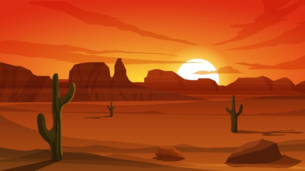Desert Sunset Landscape With Cactus And Mountain vector
