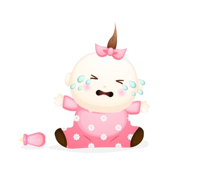 Cute baby girl crying cartoon character. vector