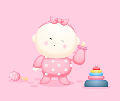 Cute baby girl holding a pacifier cartoon character. vector