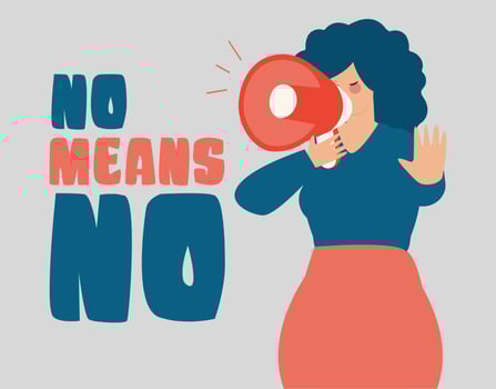 Woman hold a loudspeaker and says No means NO. Stop gender violence. vector