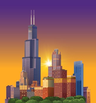 City with skyscrapers at sunset. Real estate, business. vector
