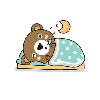 Little bear sleeping on a pillow in bed. Cute cartoon character. vector