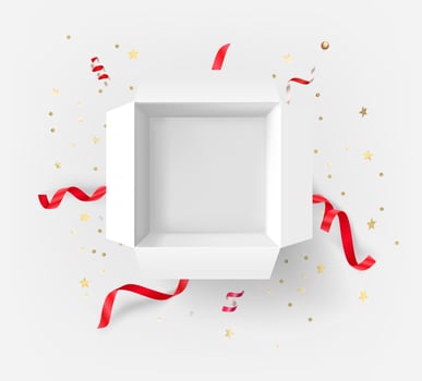 White opened gift box with red ribbons and golden confetti vector