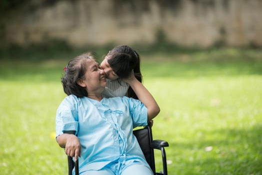Elderly grandmother in wheelchair with granddaughter in the hospital photo