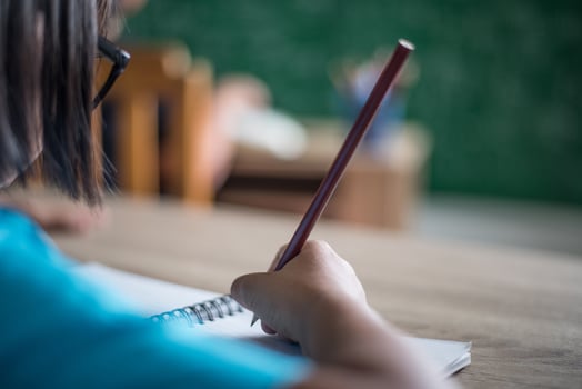 girl with crayon drawing at lesson in the classroom photo
