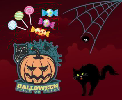 Halloween 31 October with Pumpkin Candy Cat and Spider Vector