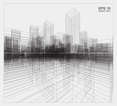 Perspective 3D render of building wireframe. Vector. vector