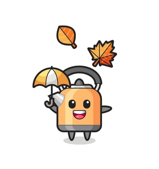 cartoon of the cute kettle holding an umbrella in autumn vector