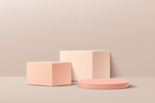 Pink, beige geometric pedestal podium with lighting and shadow. vector