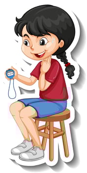 Cartoon character sticker with sport coach girl holding a timer vector