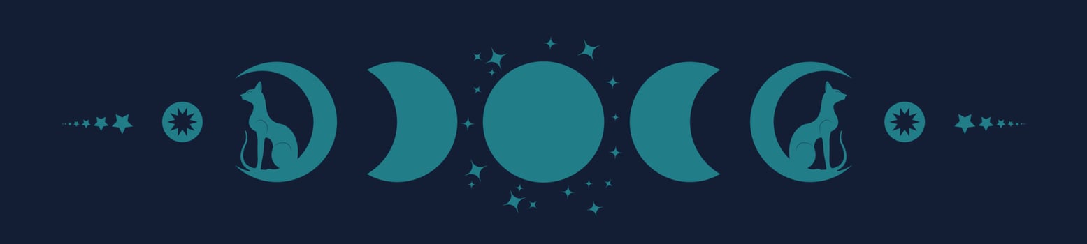 Triple moon and cats, old pagan Wiccan goddess symbol, moon phases, vector