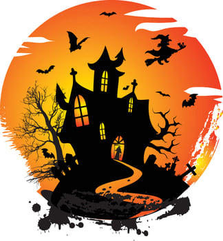 Creepy Halloween Design with Witch  Haunted House  Pumpkins and Bats Sun site vector