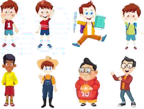 Group of young children cartoon boys characters set vector
