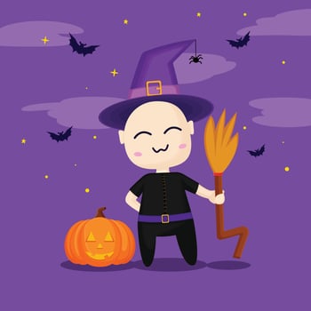 cute halloween wizard character with pumpkin and broom vector