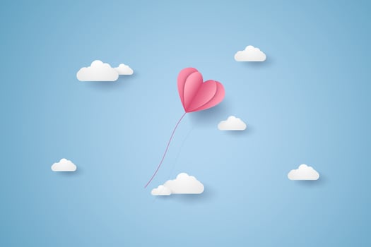 Valentines day, Illustration of love, pink heart balloon flying in the blue sky, paper art style vector