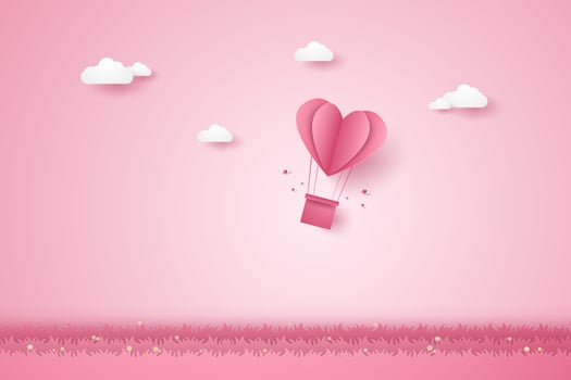 Valentines day, Illustration of love, pink heart hot air balloons flying over grass, paper art style vector