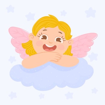 Angel is sitting on a cloud with starry sky background vector