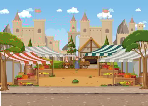 Medieval town scene with market place vector