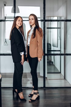 Two attractive business girls posing in work office photo