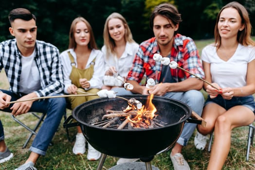 A company of  friends in camp cooking grill food. Blurring background photo
