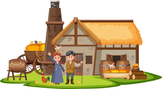 Farmhouse with villagers and farm animals vector