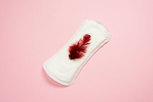 Menstruation. White woman lying on pink background. Female lining with red feather. Women's critical days. photo