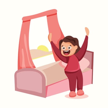 The girl gets out of bed in the morning and does exercises. Vector illustration in flat style