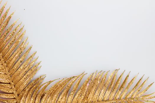 Palm gold leaf on blue background. Palm leaf, Flat lay and top view. photo