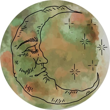 Vector graphics of clouds and stars with watercolor moon. Isolated vector illustration character set. graphic Crescent with face, hand drawn in engraving style. astrology, alchemy and magic symbol.