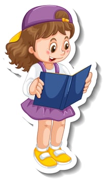 Sticker template with a girl reading a book cartoon character isolated vector