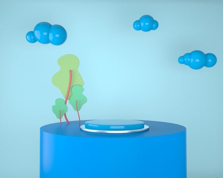 Abstract backdrop for product display, podium with trees and plants, 3d illustration photo
