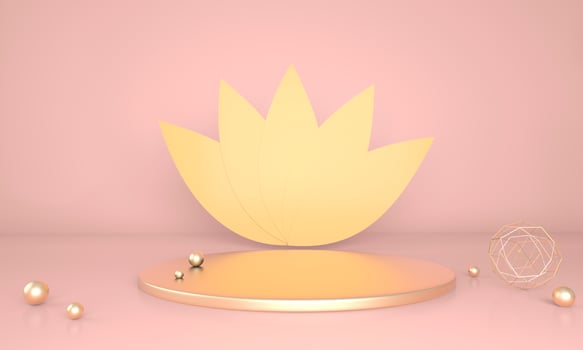 Product display podium decorated with leaves on pastel background, 3d illustration photo