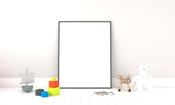 Kids Room, Play house, kids furniture with toy and frame mockup photo