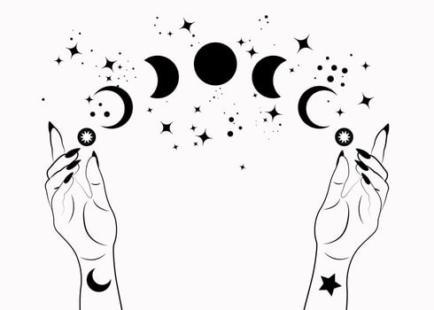 Mystical moon phases and woman hands, Triple moon pagan Wiccan goddess symbol, alchemy esoteric magic space, sacred wheel of the year, vector isolated on white background