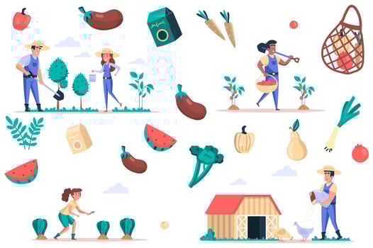 Farming and gardening isolated elements set. Bundle of people plant and water for plants, care chickens, harvest fruits and vegetables. Creator kit for vector illustration in flat cartoon design