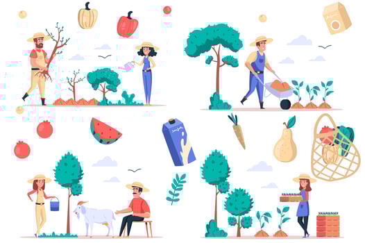 Farming and gardening isolated elements set. Bundle of people plant trees and seedling, care of plants and goats, grow fruits and vegetables. Creator kit for vector illustration in flat cartoon design