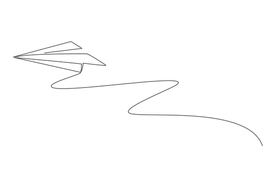 Single continuous line drawing of flying paper plane on sky. Origami toy concept. Trendy one line draw graphic design vector illustration