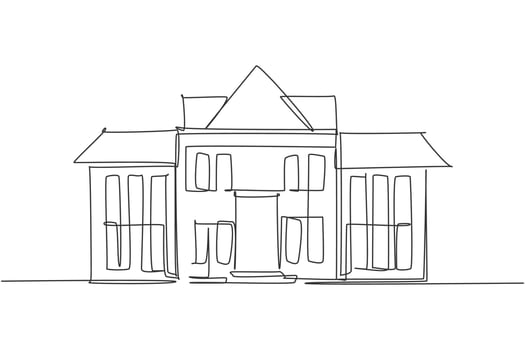 Single one line drawing of luxury elementary school building exterior. Back to school minimalist, education concept. Continuous simple line draw style design graphic vector illustration
