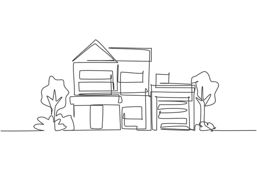 Single one line drawing green minimalist modest house in town. Home architecture building construction isolated doodle minimal concept. Trendy continuous line draw design graphic vector illustration