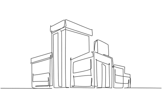 Single continuous line drawing of luxury big modern house at city. Home architectural building isolated minimalism concept. Dynamic one line draw graphic design vector illustration on white background