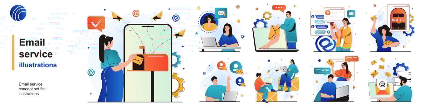 Email service isolated set. Advertising or newsletter, personal correspondence. People collection of scenes in flat design. Vector illustration for blogging, website, mobile app, promotional materials